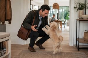 Kleiner Maltipoo springt freudig einem Besucher entgegen.