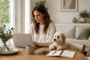 Maltipoo liegt im Homeoffice neben seinem Frauchen, während sie am Laptop arbeitet.