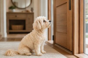 Maltipoo beobachtet aufmerksam die Haustür und wartet gespannt auf Besuch.