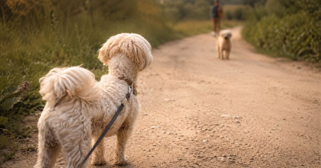 Maltipoo beobachtet bei einer Hundebegegnung aufmerksam einen anderen Hund auf einem Spaziergang.