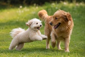 Maltipoo spielt nach einer gelungenen Hundebegegnung fröhlich mit einem anderen Hund.