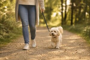 Maltipoo läuft nach einer Hundebegegnung entspannt neben seinem Frauchen weiter.