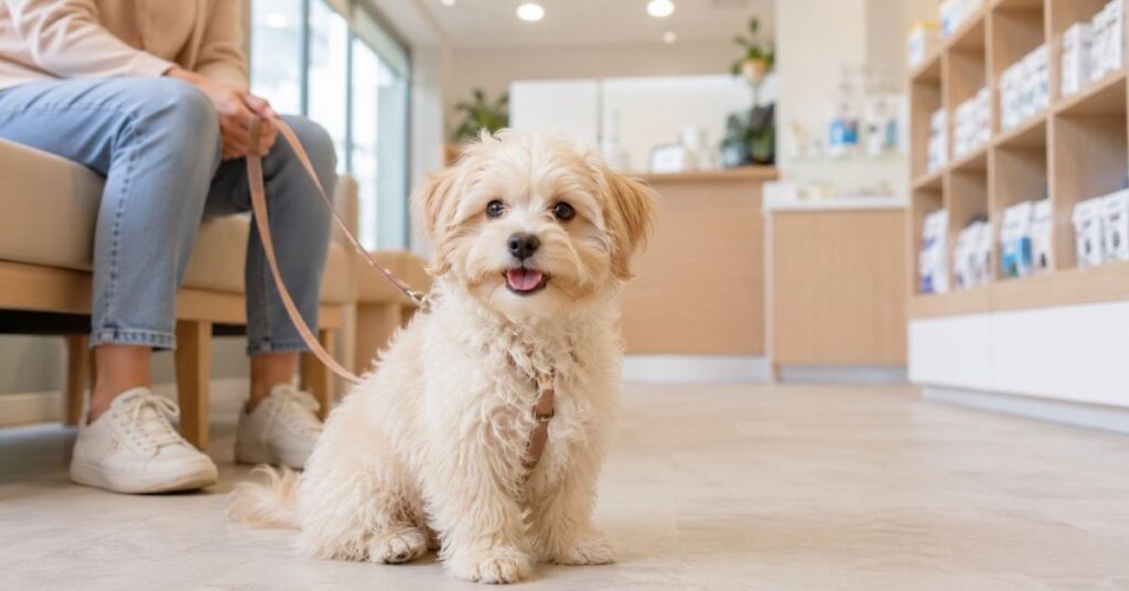 Kleiner Maltipoo sitzt aufmerksam im Wartezimmer einer Tierarztpraxis.