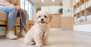 Kleiner Maltipoo sitzt aufmerksam im Wartezimmer einer Tierarztpraxis.