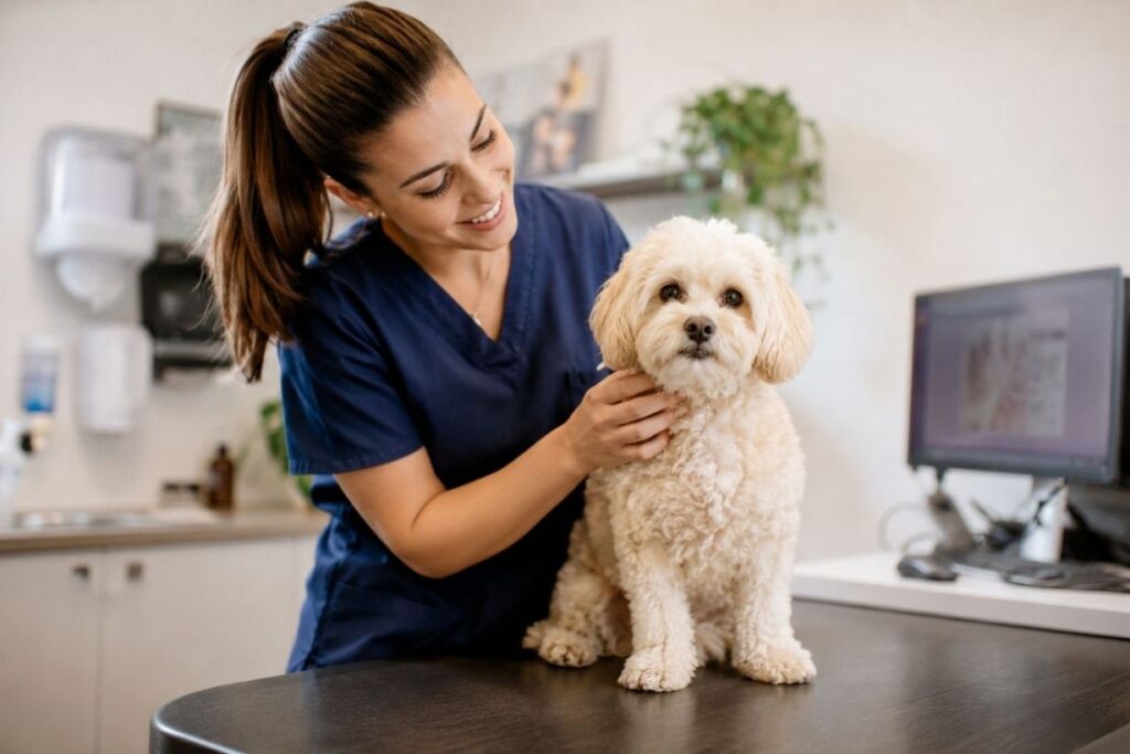 Tiermedizinische Praxisassistentin spricht liebevoll mit einem kleinen Maltipoo.