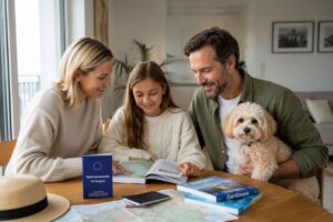 Familie plant Ferien mit Hund und informiert sich über Einreisebestimmungen.