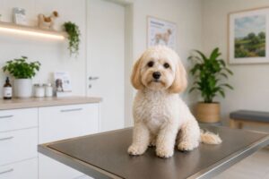 Maltipoo beim ersten Tierarztbesuch in einer freundlichen Tierarztpraxis.