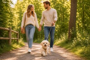 Maltipoo geniesst einen Spaziergang mit seiner Familie.