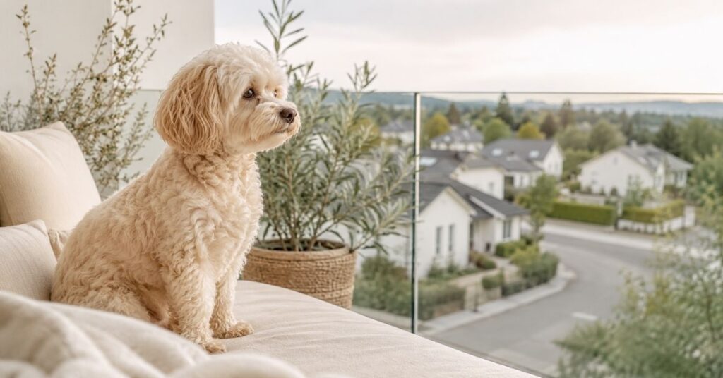 Cremefarbener Maltipoo beobachtet aufmerksam die Nachbarschaft von einer Terrasse aus.