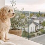 Sheriff der Nachbarschaft Cremefarbener Maltipoo beobachtet aufmerksam die Nachbarschaft von einer Terrasse aus.