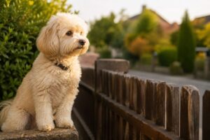 Maltipoo sitzt am Gartenzaun und beobachtet seine Umgebung.