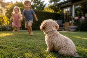 Maltipoo beobachtet spielende Kinder mit grossem Interesse.