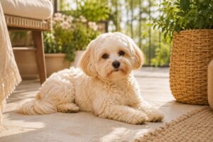Maltipoo liegt entspannt auf einer Terrasse in der Sonne.