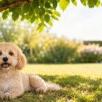 Hund und Hitze Cremefarbener Maltipoo liegt entspannt im Schatten an einem warmen Sommertag.