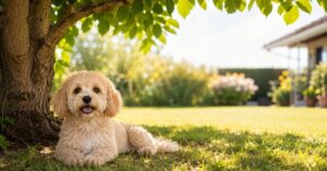 Cremefarbener Maltipoo liegt entspannt im Schatten an einem warmen Sommertag.