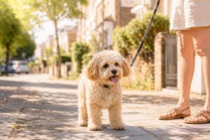 Maltipoo läuft vorsichtig auf einem sonnigen Gehweg.