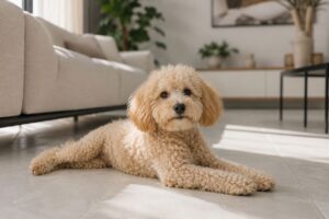 Maltipoo liegt auf kühlen Bodenplatten im Haus.