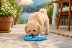Maltipoo schleckt an einer gefrorenen Schleckmatte.