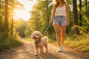 Maltipoo und Frauchen spazieren am frühen Morgen.