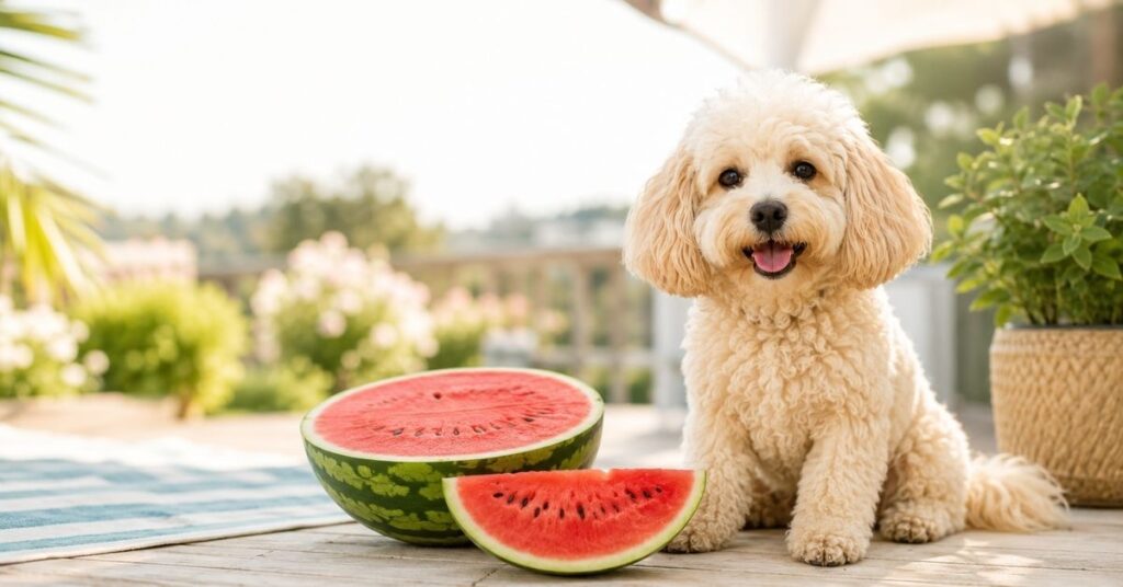 Cremefarbener Maltipoo sitzt neugierig neben einer aufgeschnittenen Wassermelone.