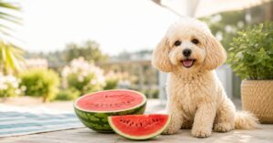 Cremefarbener Maltipoo sitzt neugierig neben einer aufgeschnittenen Wassermelone.