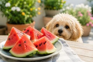 Kleine Wassermelonenstücke auf einem Teller neben einem Maltipoo.