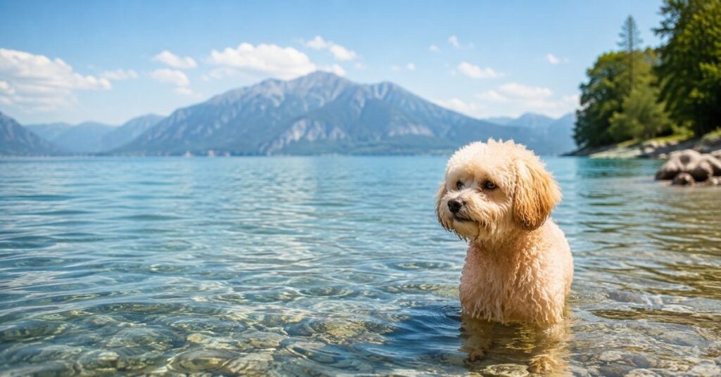 Cremefarbener Maltipoo steht im flachen Wasser eines Sees.