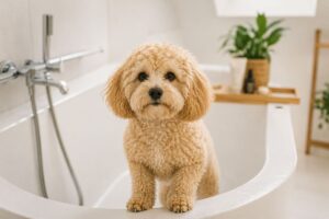 Maltipoo steht ruhig in einer Badewanne.