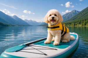 Maltipoo sitzt auf einem Stand-up-Paddle am See.