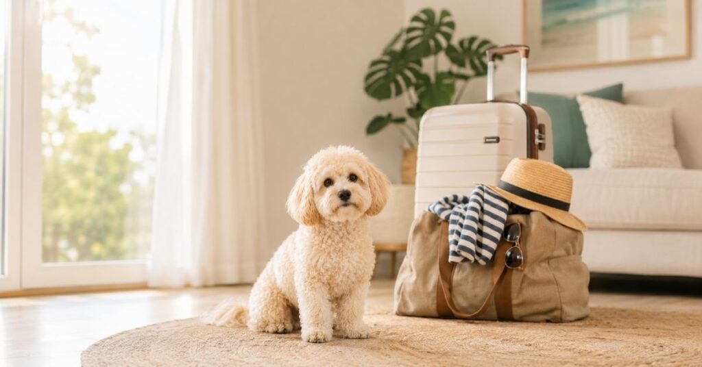 Cremefarbener Maltipoo sitzt vor gepackten Reisetaschen.