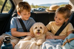 Maltipoo entspannt auf dem Rücksitz während einer Autofahrt.