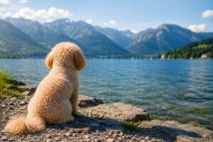 Maltipoo blickt auf einen grossen See mit Bergen.