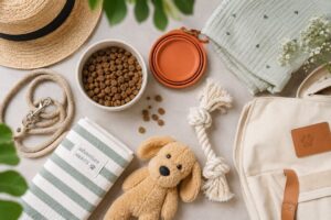 Hundezubehör für Ferien auf einer Decke ausgelegt.