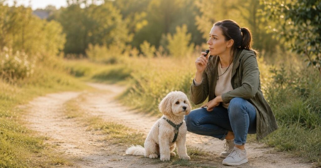 Maltipoo schaut aufmerksam zu seinem Frauchen, das über Rückruftraining nachdenkt.