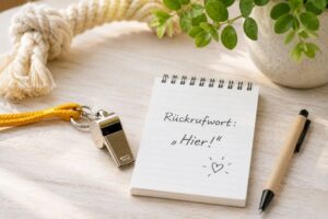 Hundepfeife und Notizzettel mit Rückrufwort liegen auf einem Tisch.