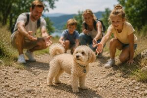 Familie ruft ihren Maltipoo beim Spaziergang aus unterschiedlichen Richtungen.