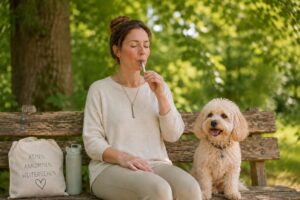 Frau nutzt einen Atemtrainer während ihr Hund entspannt neben ihr sitzt.