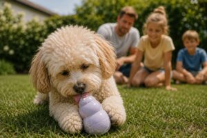 Maltipoo schleckt gefrorenen Joghurt aus einem Kong im Garten.