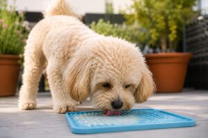 Maltipoo beschäftigt sich mit einer gefrorenen Schleckmatte.