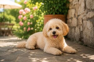 Maltipoo liegt entspannt im Schatten nach einer gefrorenen Leckerei.