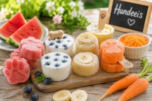Verschiedene selbstgemachte Hundeeis-Rezepte auf einem Tisch.