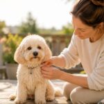 Zecken beim Hund Cremefarbener Maltipoo wird nach einem Spaziergang auf Zecken kontrolliert.
