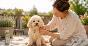 Cremefarbener Maltipoo wird nach einem Spaziergang auf Zecken kontrolliert.