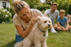 Maltipoo im Garten während seine Familie die erste Zecke entdeckt.