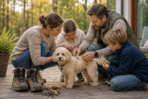Maltipoo wird nach einem Waldspaziergang gründlich untersucht.