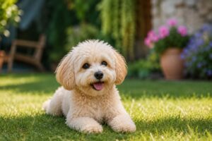 Entspannter Maltipoo liegt im Garten nach erfolgreichem Zeckenschutz.