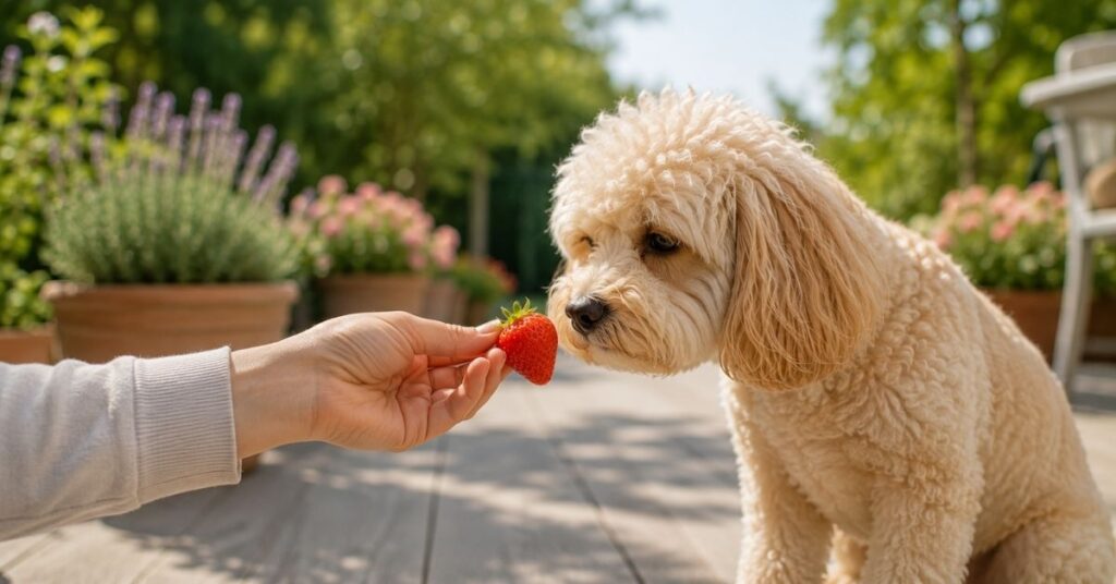 Cremefarbener Maltipoo schnuppert skeptisch an einer frischen Erdbeere.