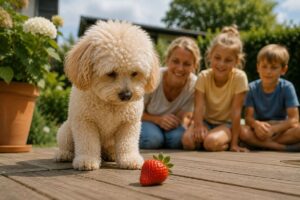 Maltipoo betrachtet eine Erdbeere und entscheidet sich dagegen.