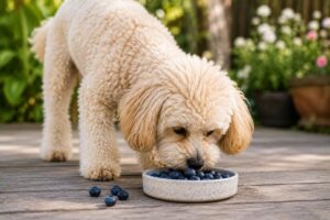 Maltipoo frisst begeistert Heidelbeeren.