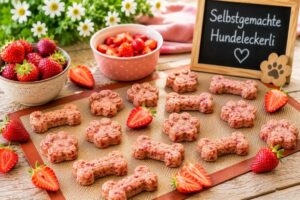 Selbstgemachte Hundekeks mit Erdbeeren und Joghurt.